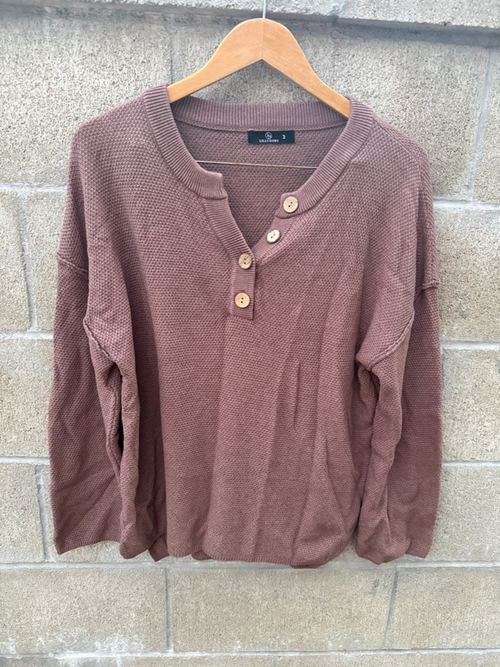 Waffle Henley Pullover Sweatshirt - Brown